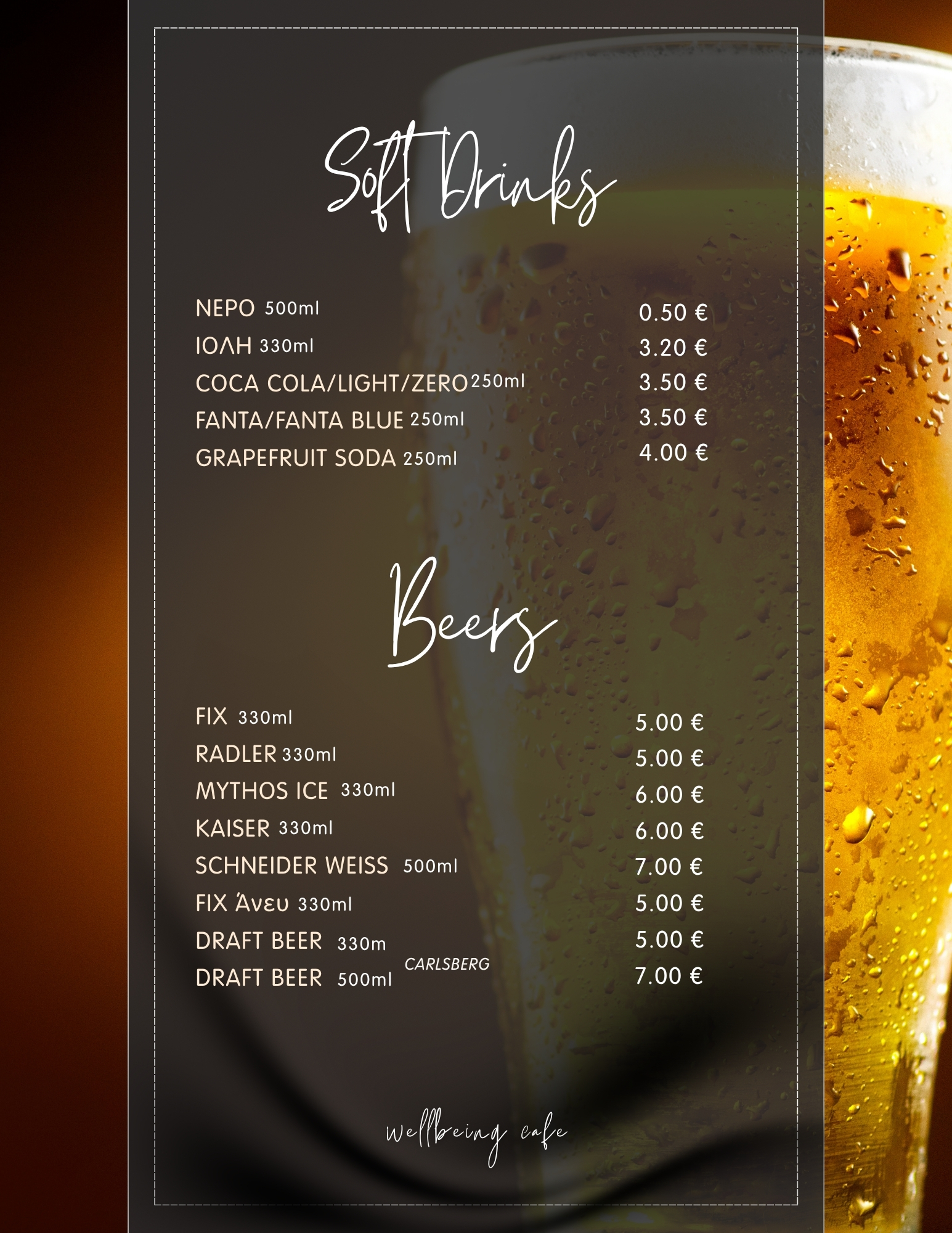 Soft drinks and beers menu