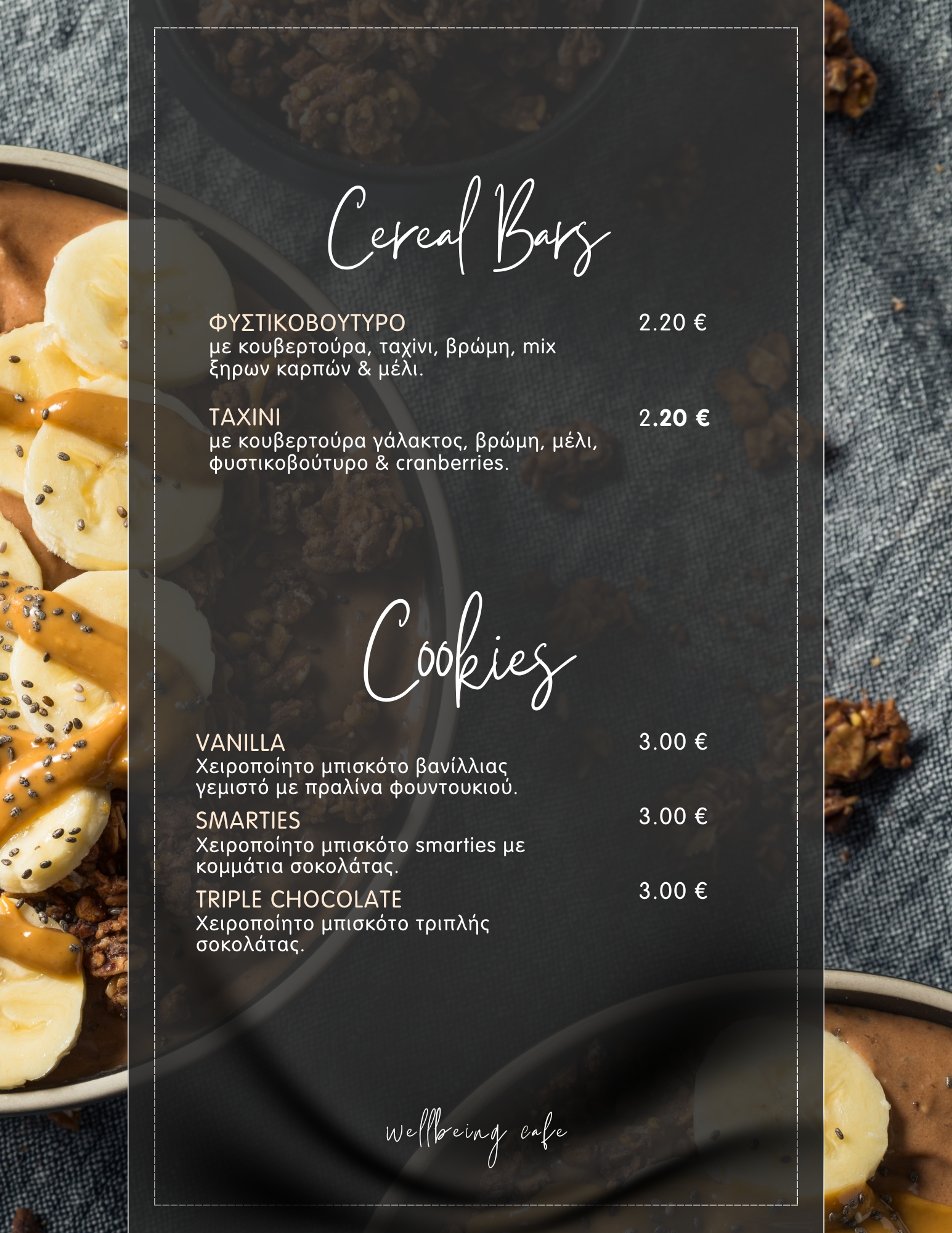 Cereal bars and cookies menu